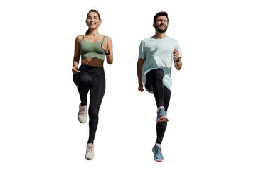 Friends are people who are athletic, a man and a woman in fitness clothes, a workout coach and a client. Transparent background. - obrazy, fototapety, plakaty