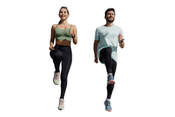 Friends are people who are athletic, a man and a woman in fitness clothes, a workout coach and a client. Transparent background.