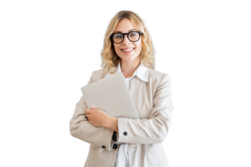 The manager is a stylish blonde woman with glasses holding a tablet in the office of an employee entrepreneur. Transparent background.