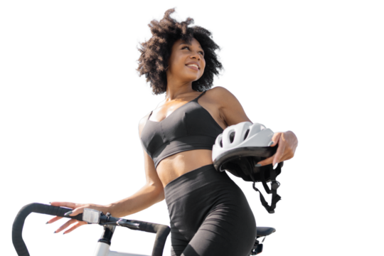 Female athlete eco transport uses a bicycle daily workout in sportswear, transparent background.
