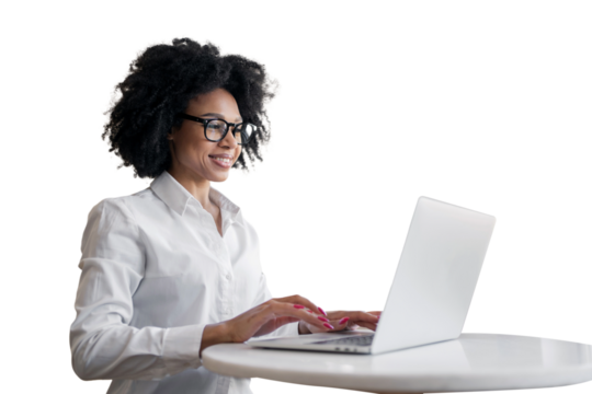 A freelance woman who is happy working online uses a computer in the office workplace. Transparent background.