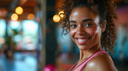 Obraz premium Fit woman with a yoga mat smiles energetically at a fitness studio