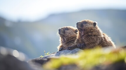 a couple of brown bears standing next to each other on top of a lush green field with mountains in the background.