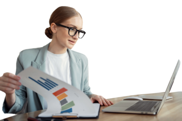 A young woman is a smart freelancer who works the Internet online, uses a laptop computer, smiles, a workplace in the office. Transparent background.