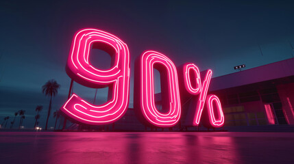 Huge neon sign 90 percent. Glowing sale light advertising. Theme of discount and commerce