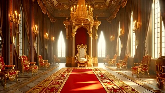 king chair on red carpet of interior palace or castle of kingdom with luxury design video stock looping animation 
