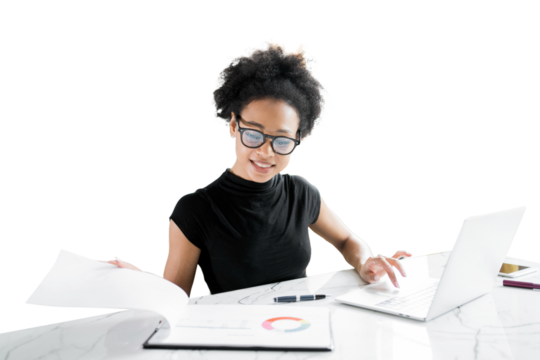 A young woman working on a report documents in a company using a laptop computer smiling with glasses, a workplace in the office. Transparent background.