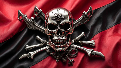 Metallic skull pirate pin on a waving red and black flag, hacker emblem, death danger symbol - obrazy, fototapety, plakaty