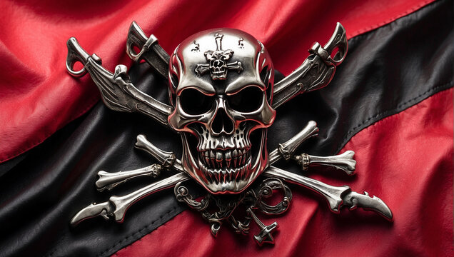 Metallic skull pirate pin on a waving red and black flag, hacker emblem, death danger symbol