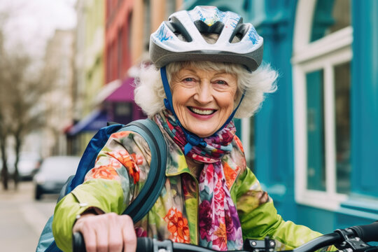 Street portrait of happy senior woman wearing helmet and looking at camera.