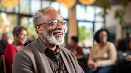 African American elder man in an indoor community event - obrazy, fototapety, plakaty