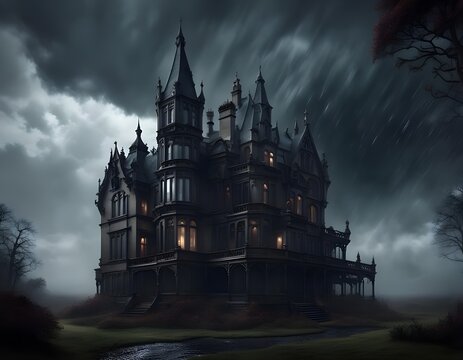 An AI-generated image portrays Blackhall, a mysterious Gothic mansion shrouded in eerie fog, with ominous storm clouds overhead.