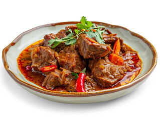 Fototapeta premium A plate of delicious beef curry isolated on white background. 