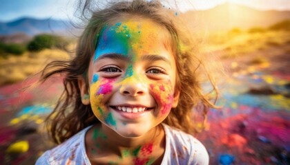 Fototapeta na wymiar Kid's Face Covered in Colorful Paint in Joy