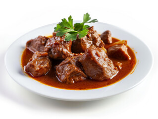 A plate of delicious beef curry isolated on white background.  