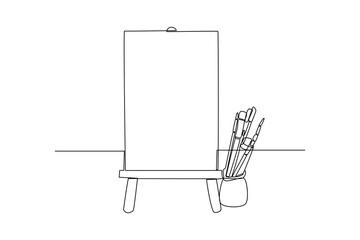 Continuous one line drawing painting board and painting tools. Stationery Concept. Single line draw design vector graphic illustration.