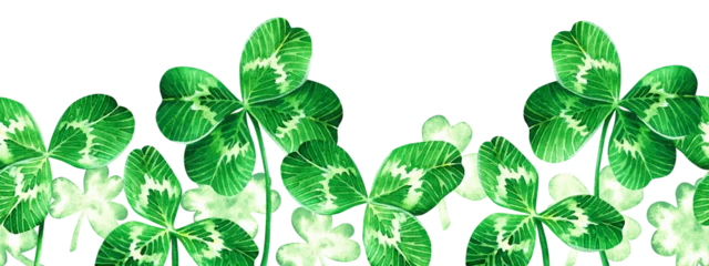 Foto op Plexiglas Clover seamless Border. Watercolor illustration for St. Patrick's Day. Hand drawn on isolated background. Drawing of Shamrock pattern. Painting of four leaf plant for greeting card and invitation © Ekaterina