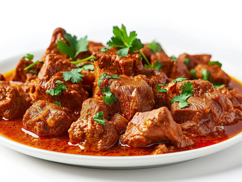 A plate of delicious beef curry isolated on white background.  