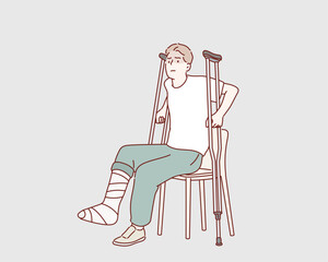 A sad man with a broken leg sits on a chair. Illness concept. Hand drawn style vector design illustrations.