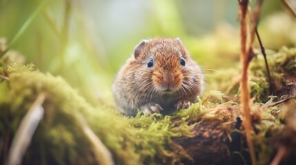  a close up of a small rodent in a mossy area with a blurry background of grass and plants.