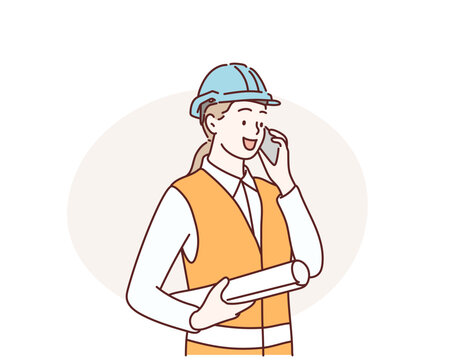 engineer in hardhat and safety vest talking on mobile phone.  Hand drawn style vector design illustrations.