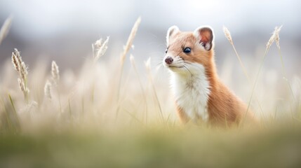  a close up of a small animal in a field of grass with tall grass in the foreground and a blurry sky in the background.