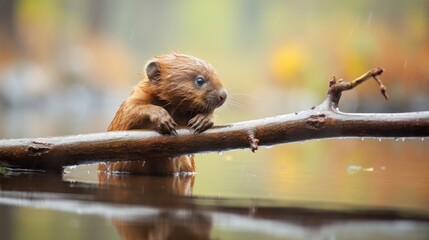  a close up of a small animal on a branch in a body of water with a tree branch in the foreground.