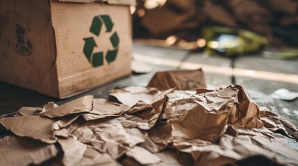 An eco-friendly paper box and corrugated cardboard materials featuring the universal recycle symbol, emphasizing the importance of sustainable packaging and responsible ecological waste management. - obrazy, fototapety, plakaty