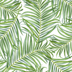 Palm Leaf seamless Pattern. Watercolor botanical illustration of Tropical branches. Hand drawn on isolated background. Exotic plant painting. Drawing of coconut foliage. Nature ornament summer print