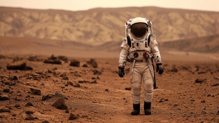 Astronaut exploring the Martian landscape. The astronaut is wearing a full white space suit with a large helmet that reflects the surrounding landscape.