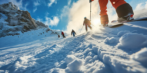 Group of people climbing mountains against bright sunny sky and snowy landscape background. Sport and winter adventure concept