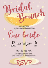 Brunch and bridal. Bridal shower invitation with glasses of champagne on pink background. Bachelorette party invitation template. Vector illustration. Bubble brunch.
