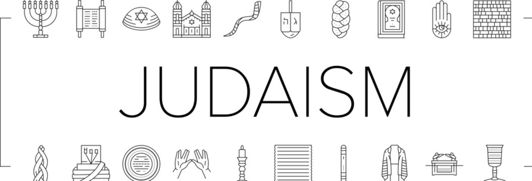 judaism jewish jew israel torah icons set vector. synagogue holocaust, hebrew israeli, kippur hanukkah, yom shofar, pray star candle judaism jewish jew israel torah black line illustrations