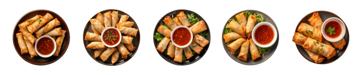Collection plate of spring rolls with dipping sauce isolated on a transparent background, top view