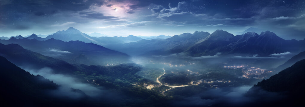 Panorama shot of romantic valley at night at sunrise - you can see a city with lights and mountains and sky and fog