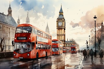 Views of London, UK drawing in the style of colored pencil and watercolor. in the style of 90s art. - obrazy, fototapety, plakaty