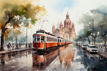 Views of Mumbai, India drawing in the style of colored pencil and watercolor. in the style of 90s art.