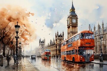 Views of London, UK drawing in the style of colored pencil and watercolor. in the style of 90s art. - obrazy, fototapety, plakaty