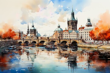 Obraz premium Views of Prague, Czech Republic drawing in the style of colored pencil and watercolor. in the style of 90s art.