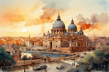 Views of Rome, Italy drawing in the style of colored pencil and watercolor. in the style of 90s art.  - obrazy, fototapety, plakaty
