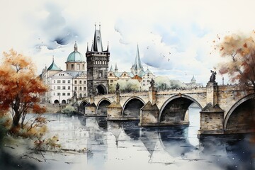 Fototapeta na wymiar Views of Prague, Czech Republic drawing in the style of colored pencil and watercolor. in the style of 90s art.