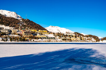 The town and lake of Santk Moritz in winter. Engadin, Switzerland.

