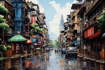 Views of Taipei, Taiwan drawing in the style of colored pencil and watercolor. in the style of 90s art.