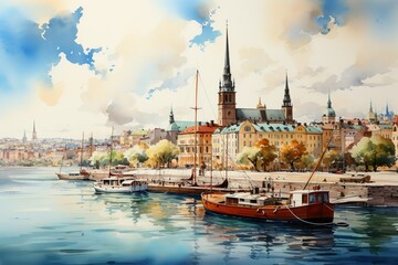 Views of Stockholm, Sweden drawing in the style of colored pencil and watercolor. in the style of 90s art.