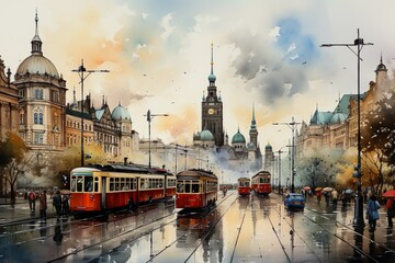 Views of Warsaw, Poland drawing in the style of colored pencil and watercolor. in the style of 90s art. - obrazy, fototapety, plakaty