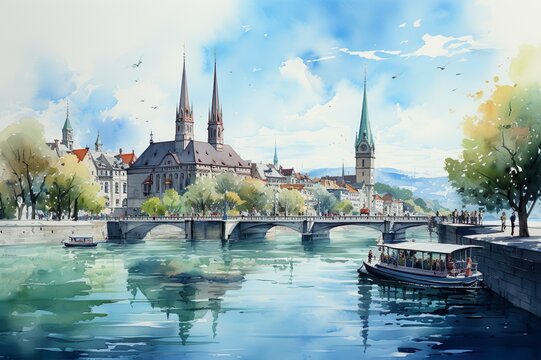 Views of Zurich, Switzerland drawing in the style of colored pencil and watercolor. in the style of 90s art.