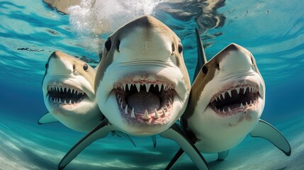 Group of cute sharks making selfie under sea water.	