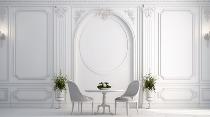 White classic interior with round table, chair and moldings. 3d render illustration mock up