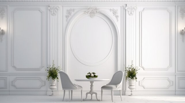 White classic interior with round table, chair and moldings. 3d render illustration mock up