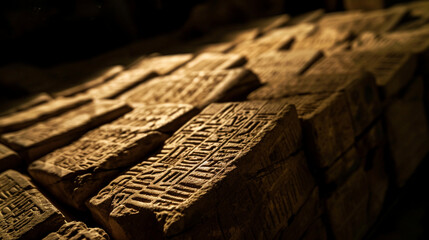 Cuneiform Inscriptions on Clay Tablets: Unearthing Ancient Mesopotamian Records - obrazy, fototapety, plakaty